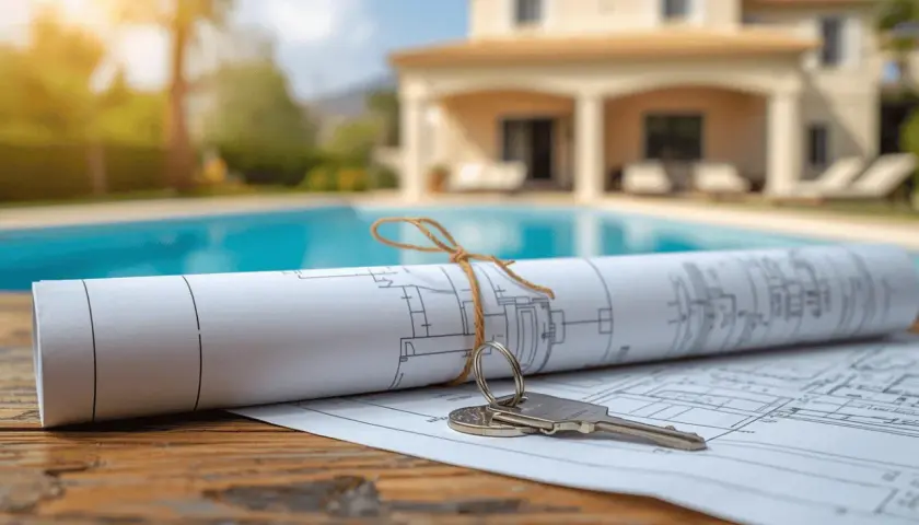 Planos de una casa con piscina y llaves, ilustrando la diferencia entre catastro y registro de la propiedad.
