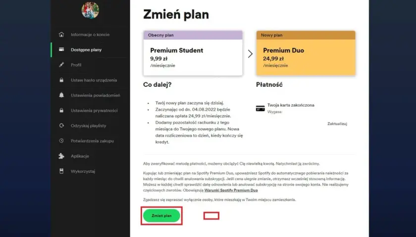 Ekran zmiany planu Spotify: obecny plan Premium Student, nowy plan Premium Duo.