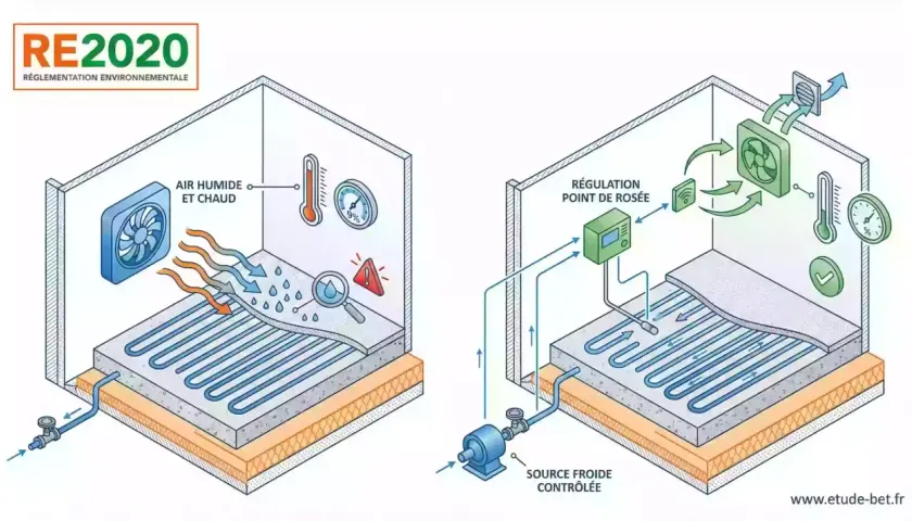 Schéma illustrant un plancher rafraîchissant avec régulation du point de rosée pour un confort optimal.