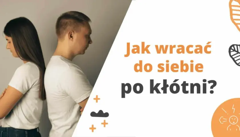 Para odwrócona plecami do siebie po kłótni. Napis: "Jak wracać do siebie po kłótni?".