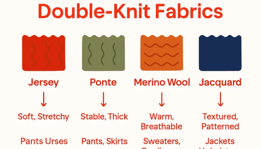 Diagram showing different types of double knit fabric: Jersey (soft, stretchy), Ponte (stable, thick), Merino Wool (warm, breathable), and Jacquard (textured, patterned).