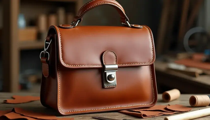 Sac à main en cuir marron, sur une table en bois avec des chutes de cuir et des bobines de fil. Un aperçu de la liste des tanneries en France.