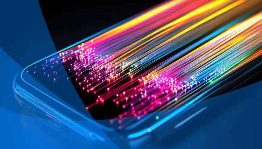 Światłowody w kolorach tęczy wychodzące z telefonu, symbolizujące, co znaczy internet mobilny: szybki i wszechobecny.
