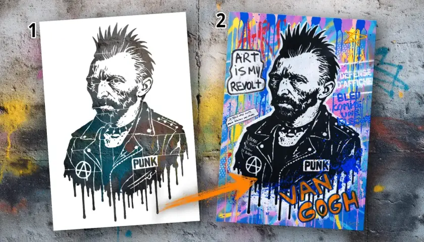 Stencil muro fai da te: Van Gogh punk con citazioni artistiche e scritte.