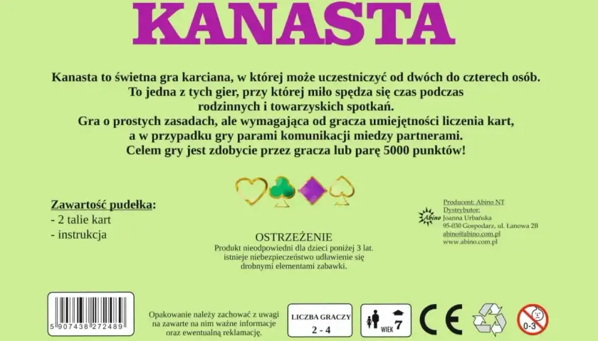 Gra karciana Kanasta, idealna na rodzinne spotkania. W pudełku 2 talie kart i instrukcja. Wiek 7+.