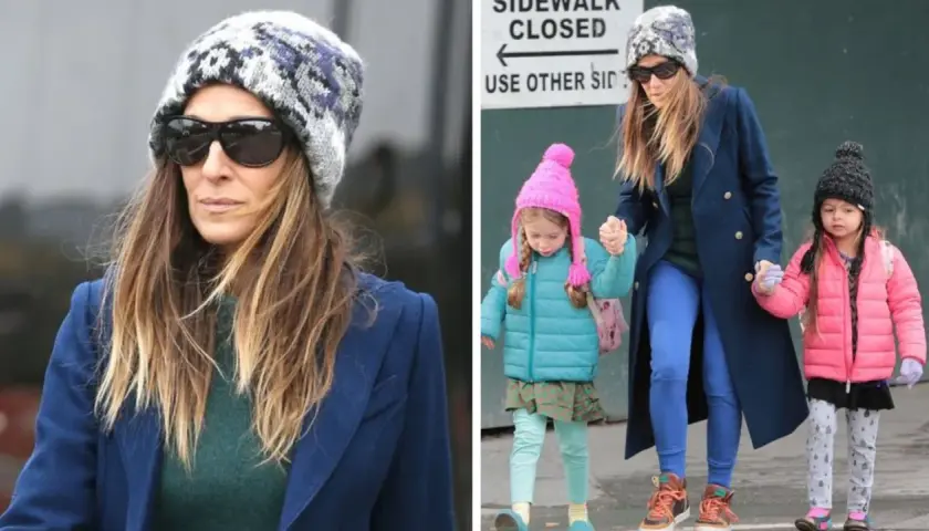 Sarah Jessica Parker z dziećmi, w zimowych czapkach i kurtkach, spaceruje po mieście.