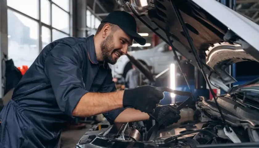 Uśmiechnięty mechanik w granatowym kombinezonie sprawdza silnik. Zastanawiasz się, ile zarabia mechanik?