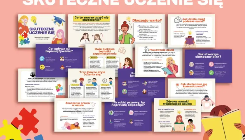 Ilustracja z kartami PDF o skutecznym uczeniu się, z grafikami i tekstem.