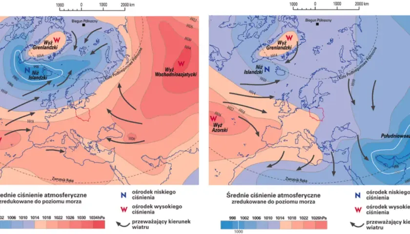 Dwie mapy pokazują rozkład średniego ciśnienia atmosferycznego nad Europą i Arktyką. Widoczne są układy niskiego i wysokiego ciśnienia, a także kierunki wiatru.