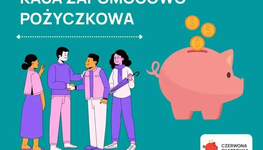 Kasa zapomogowo pożyczkowa: ludzie zawierają umowę, a obok różowa świnka-skarbonka przyjmuje monety.