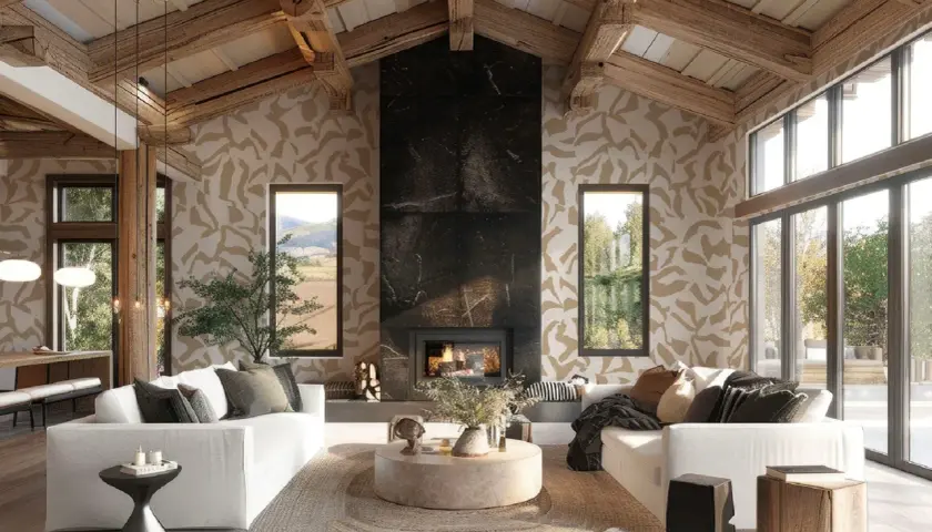 Gemütliches Wohnzimmer im modernen Landhausstil mit sichtbaren Holzbalken, Kamin und großen Fenstern.