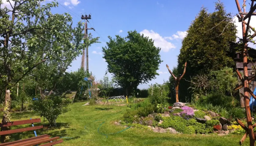 Słup energetyczny na działce, otoczony zielenią i kwitnącymi rabatami.