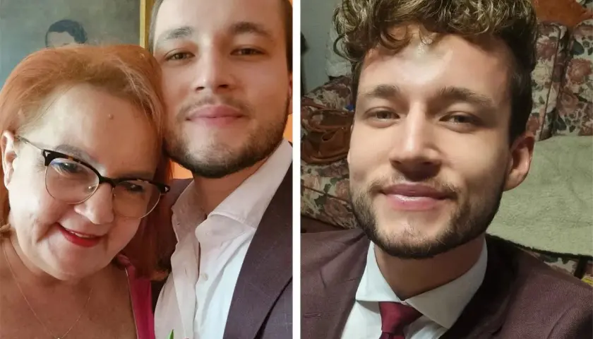 Joachim Zeiske z uśmiechem pozuje do zdjęcia z mamą, a na drugim ujęciu w garniturze i krawacie.