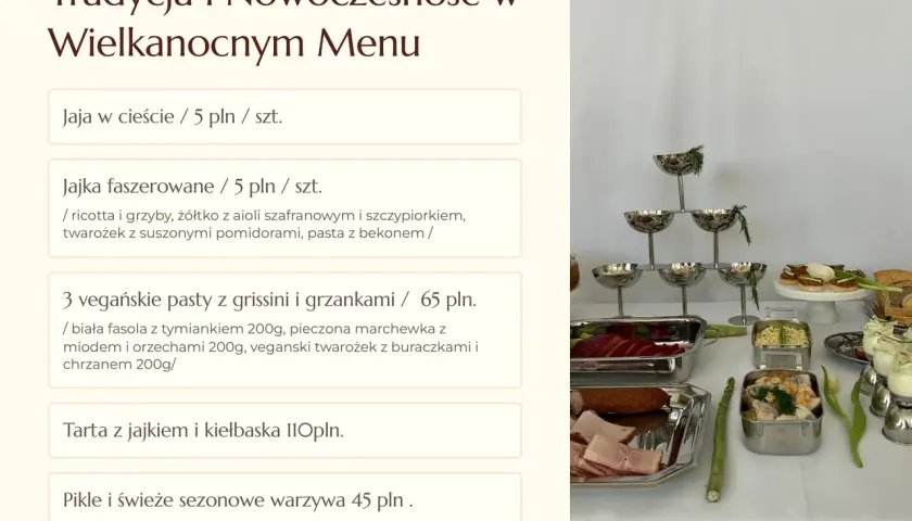 Tradycja i nowoczesność w wielkanocnym menu. Oferujemy catering wielkanocny Warszawa: jajka faszerowane, wegańskie pasty, tartę z kiełbaską i warzywa.