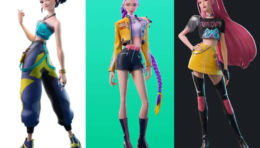 Trzy postacie w stylu Fortnite: Zoey w niebieskim topie i kolorowych spodniach, dziewczyna w żółtej kurtce i czarnych szortach, oraz kolejna w czarnym topie i żółtej spódniczce.