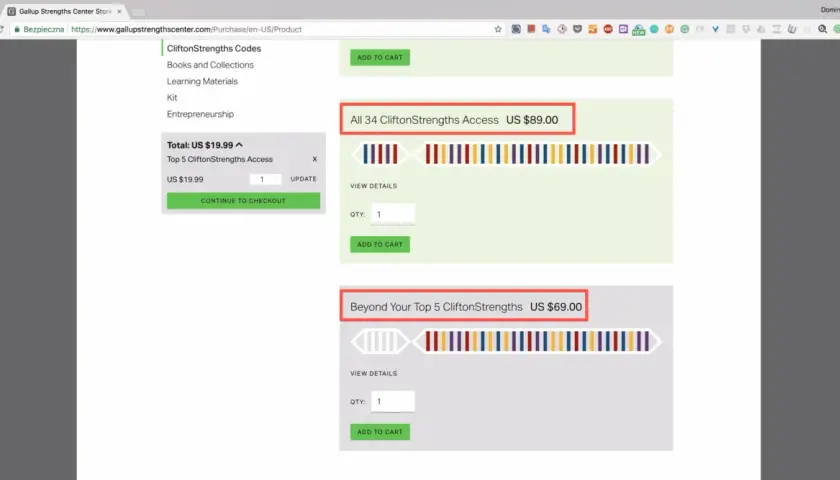 Strona sklepu Gallup. Oferta "All 34 CliftonStrengths Access" za 89 USD. Test gallupa.