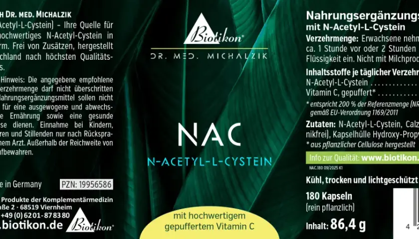Hochwertiges NAC (N-Acetyl-L-Cystein) von BiotiKon, 180 vegane Kapseln. Tägliche Verzehrmenge beachten für optimale nac wirkung.