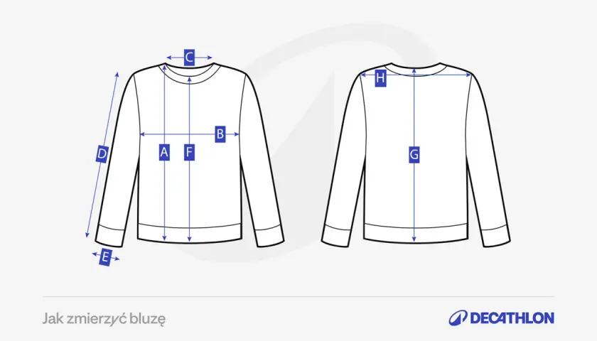 Ilustracja z wymiarami bluzy z przodu i z tyłu, z oznaczeniami literowymi.