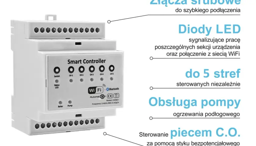 Inteligentny sterownik do ogrzewania podłogowego, obsługuje do 5 stref i piec C.O.