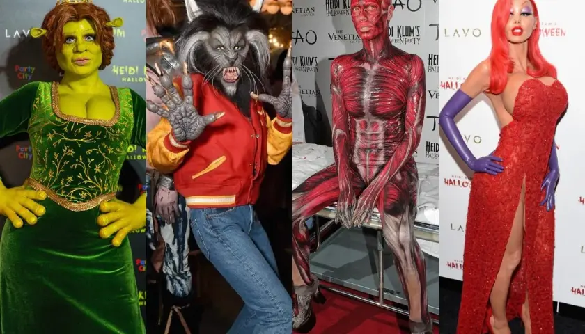 Kolekcja niesamowitych kostiumów Heidi Klum na Halloween: Shrek, wilkołak, anatomia i Jessica Rabbit.