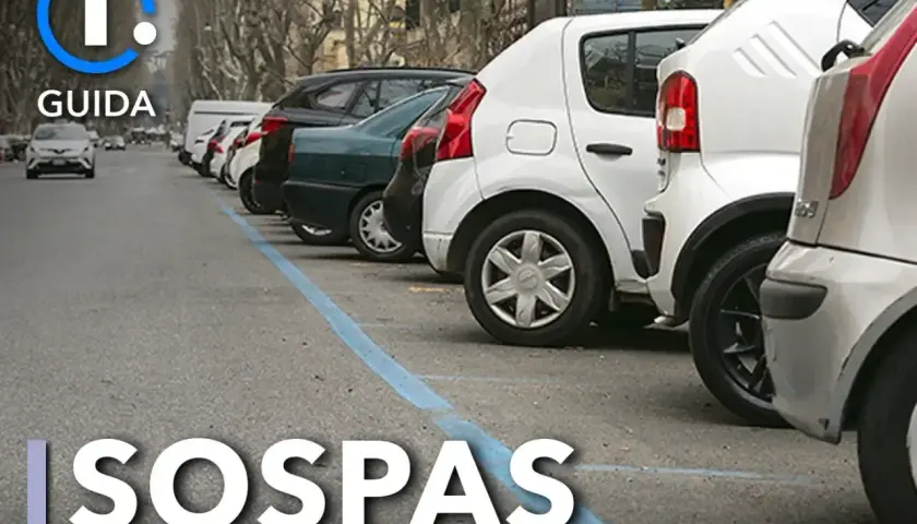Parcheggio metro Rebibbia: auto in fila lungo la strada con striscia blu. SOSPAS.