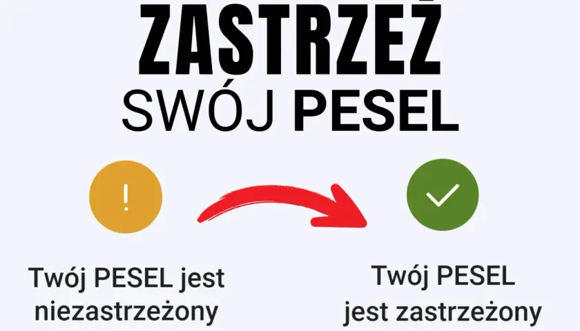 Zastrzeż swój PESEL! Obok symbol ostrzeżenia i tekst "Twój PESEL jest niezastrzeżony", a po strzałce zielony okrąg z zaznaczeniem i napis "Twój PESEL jest zastrzeżony".