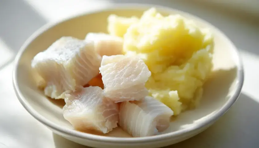 En tallrik med fiskbitar och potatismos, perfekt som mat till 1-åring recept.