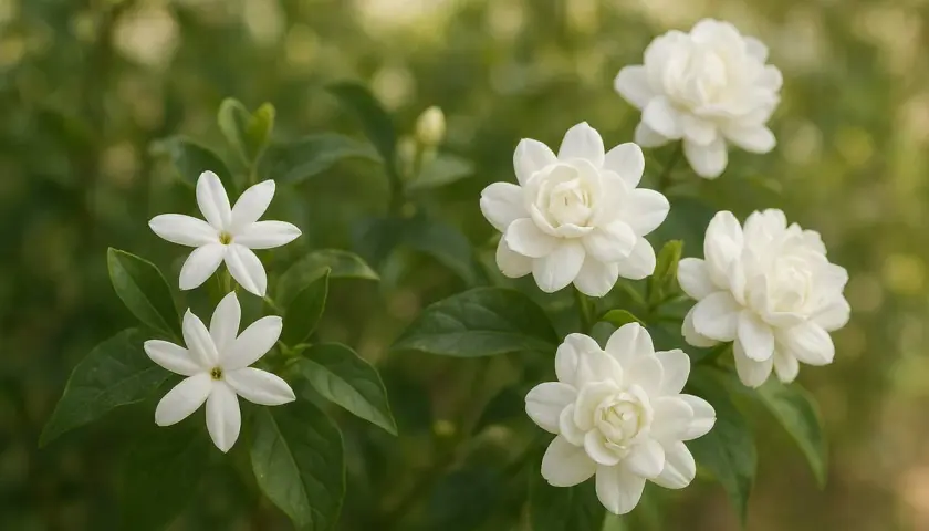 Fleurs blanches de jasmin épanouies sur une plantation luxuriante. Le parfum doux embaume l'air.