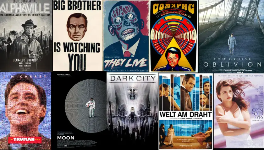 Affischerna visar en samling bra sci fi filmer som "Alphaville", "They Live", "Dark City" och "Oblivion".