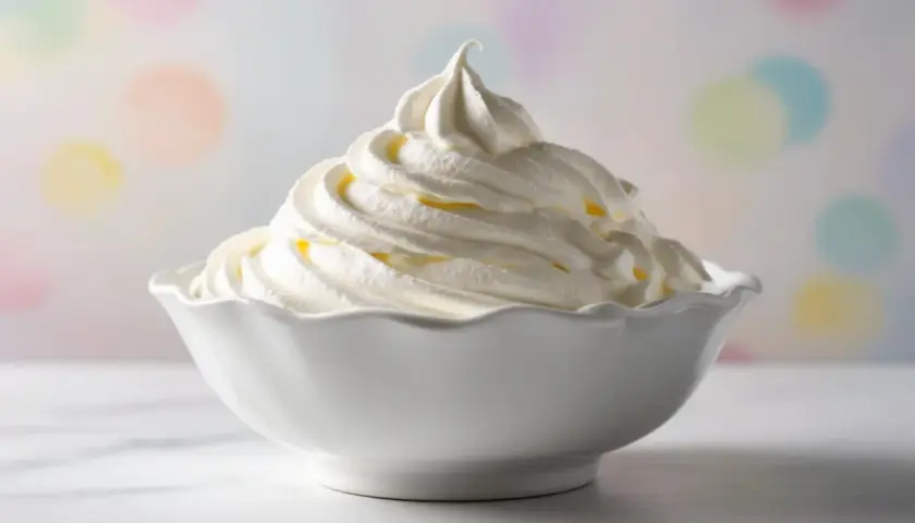 Panna fresca per dolci fatta in casa, montata a neve in una ciotola bianca, pronta per guarnire torte e dessert.
