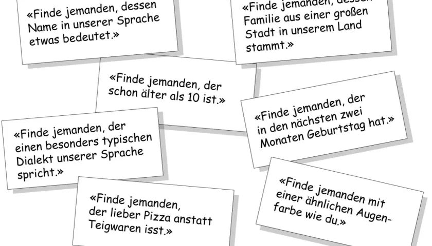 «Finde jemanden, der lieber Pizza isst, dessen Name etwas bedeutet, oder der einen ähnlichen Dialekt spricht. Ein Spiel, um Leute kennenzulernen!»