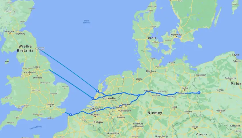 Trasa z Polski do Anglii przez Niemcy i Holandię. Sprawdź, ile płynie prom z Polski do Anglii, planując podróż.