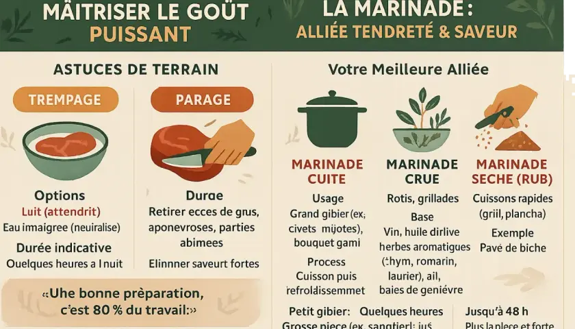 La marinade, alliée du sanglier, propose des méthodes cuites, crues ou sèches. Le vin est une base pour la marinade crue.