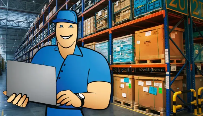 Ein freundlicher Mitarbeiter mit Laptop im Lager, der die **Logistik Kommissionierung** optimiert.