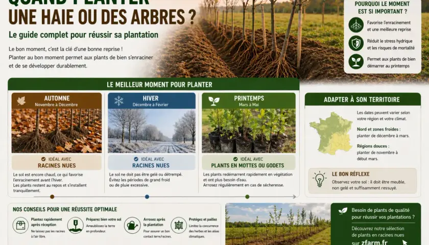 Le calendrier plantation arbre idéal : automne pour racines nues, hiver pour racines nues, printemps pour mottes. Adaptez selon votre région.