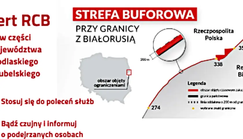 Alert RCB dotyczy strefy buforowej przy granicy z Białorusią, obejmującej część województw podlaskiego i lubelskiego.