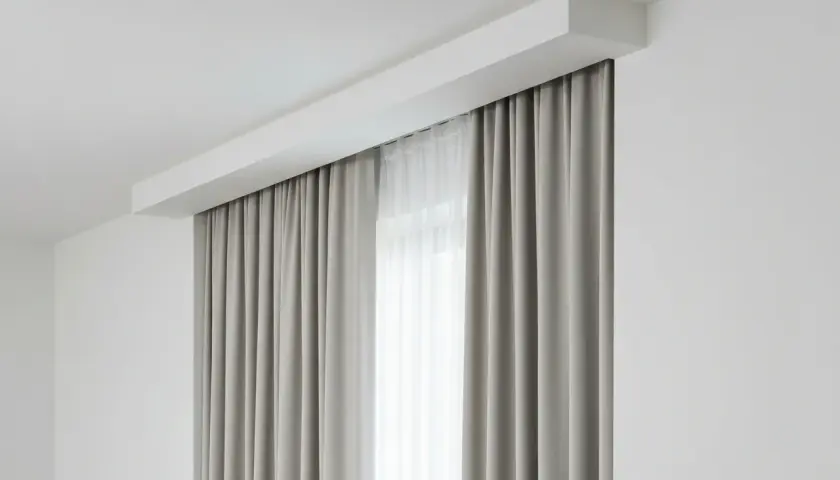 Nowoczesna wnęka na karnisz w suficie podwieszanym, z zasłonami tworzącymi elegancką ramę okna.