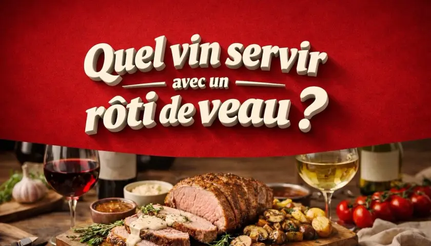 Un délicieux rôti de veau, accompagné de pommes de terre et de champignons, prêt à être dégusté avec un verre de vin.