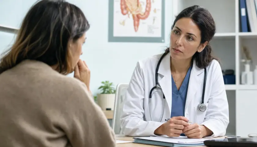 Paziente preoccupata parla con medico di problemi intestinali, come non andare di corpo.