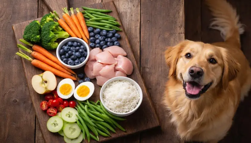 Un golden retriever sonríe junto a una tabla con ingredientes frescos: pollo, arroz, verduras y frutas. ¡Así se ve la comida que comen los perros!