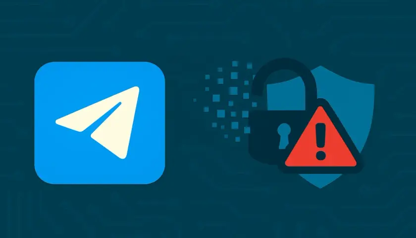 Logo Telegram obok otwartej kłódki i tarczy. Czy telegram co to jest bezpieczny?