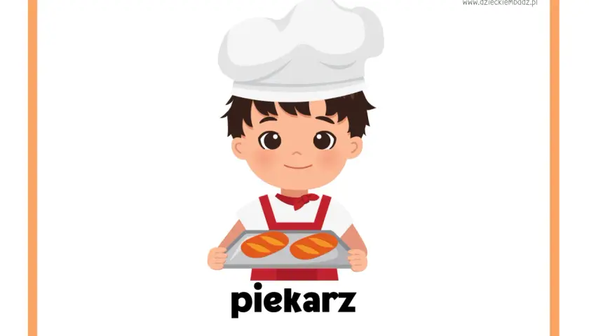 Chłopiec w czepku kucharskim trzyma tacę z dwoma bochenkami chleba. To karta pracy "Od ziarenka do bochenka", przedstawiająca piekarza.