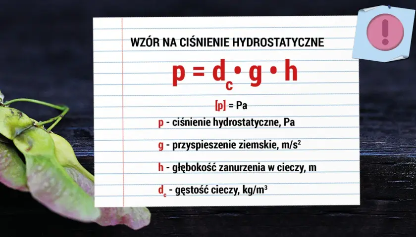 Wzór na ciśnienie hydrostatyczne: p = d<sub>c</sub> * g * h. Oblicza ciśnienie w cieczy.