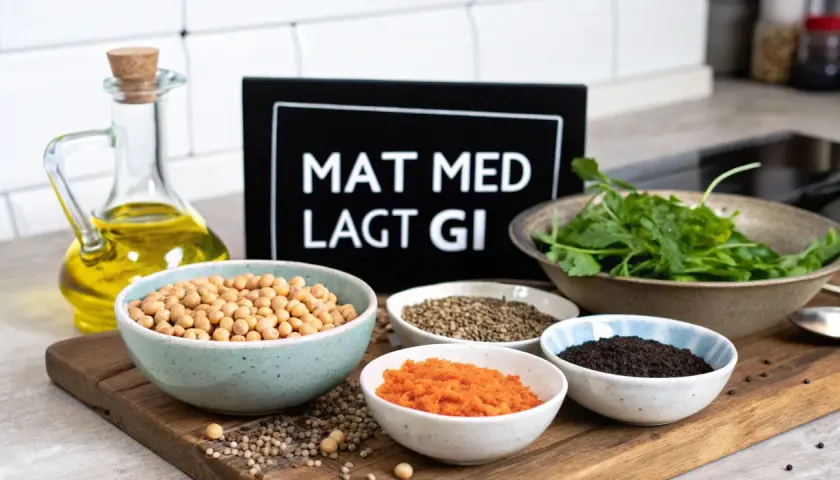 Mat med lågt GI: kikärtor, linser, morotspuré, svarta bönor och grönsaker. Olja i en karaff.