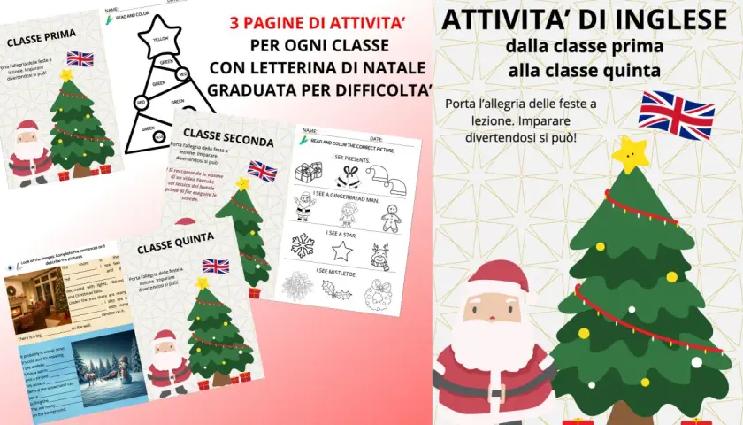 Attività di inglese per ogni classe, dalla prima alla quinta, con schede a tema natale. Imparare divertendosi è possibile!