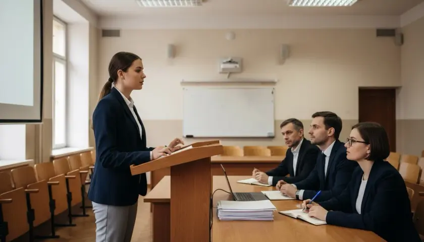 Studentka prezentuje swoją pracę licencjacką przed komisją.