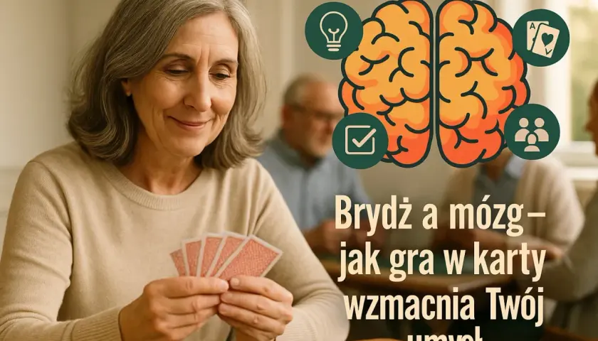 Starsza pani gra w brydża, co jest świetnym przykładem gry logicznej wzmacniającej umysł.