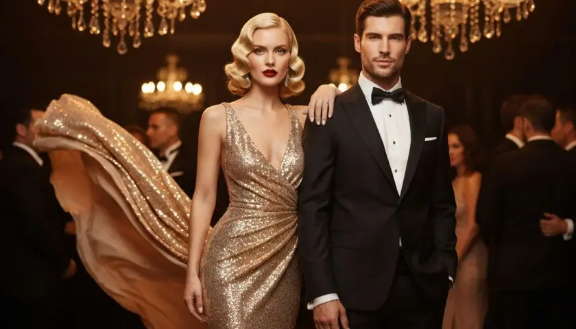 Elegancka para na imprezie w stylu hollywood. Ona w złotej sukni z cekinami, on w czarnym smokingu.