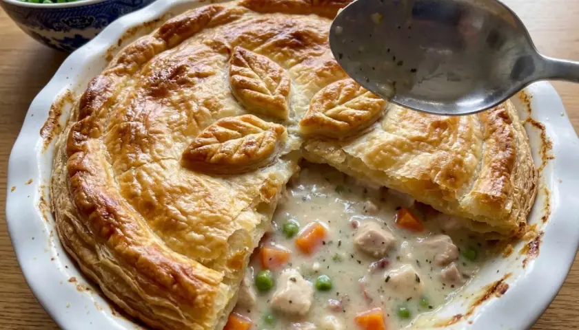 En gyllene kycklingpaj med krämig fyllning av kyckling, morötter och ärtor. Perfekt för ett mysigt kycklingpaj recept.