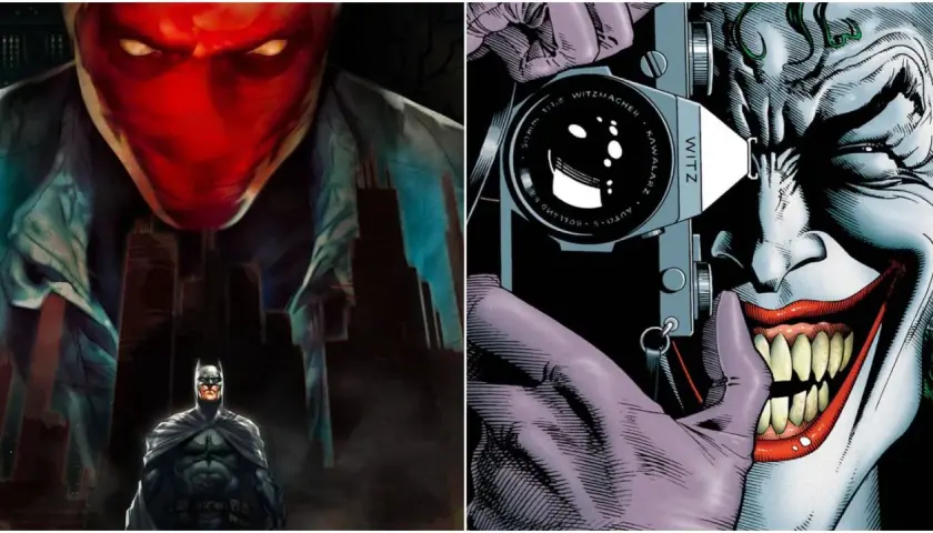 Un Batman minacciato da un Red Hood minaccioso, mentre il Joker, con la sua risata folle, cattura il momento con una macchina fotografica. La storia di Joker è piena di caos.